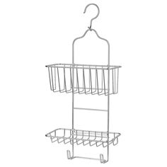 a metal rack with two baskets hanging from it's sides, on a white background