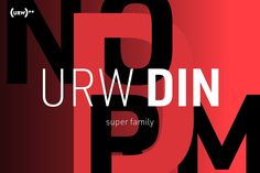 the words urw din are in white and black letters on a red, black background