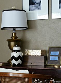 a lamp sitting on top of a wooden desk next to a table with two pictures