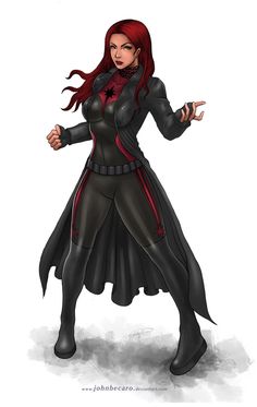 a drawing of a woman dressed in black and red