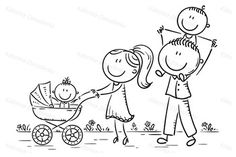 a drawing of a man and woman pushing a baby in a stroller