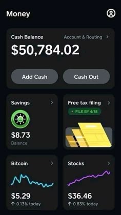 an iphone screen showing the balance and cash in each bank account, as well as other items