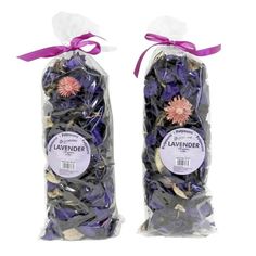 two packages of lavender petals in plastic bags