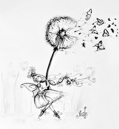 a black and white drawing of a fairy holding a dandelion