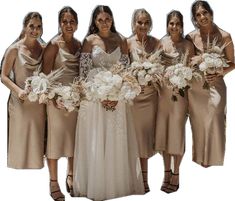 a group of bridesmaids standing next to each other with bouquets in their hands