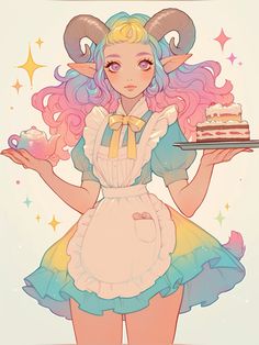 a woman in an apron holding a plate with cake on it and stars around her