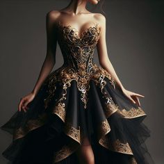 A beautiful woman stands gracefully, wearing an enchanting black fantasy dress adorned with intricate golden highlights. The bodice features delicate gold filigree, shimmering in the light. Layers of black silk cascade down, creating a dramatic silhouette. Golden accents trace the hem and neckline, adding a touch of regality. The dress captures the essence of magic and sophistication, perfectly complementing her ethereal beauty.  #FantasyFashion #MysticElegance #FantasyDress #EnchantedGown #ElegantFantasy #CosplayFashion #FantasyStyle #MagicalAttire #FantasyBeauty #MythicalFashion Black Wedding Dress With Gold Accents, Queen Dress Royal Fantasy, Black Fairytale Dress, Golden Dress Aesthetic, Silk Ball Dress, Black And Gold Prom Dresses, Gold Fantasy Dress, Black Fantasy Gown, Black And Gold Wedding Dress