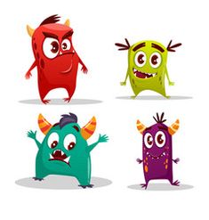 four cartoon monsters with different facial expressions