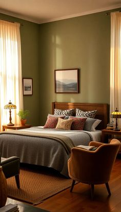 a bedroom with green walls and wooden floors