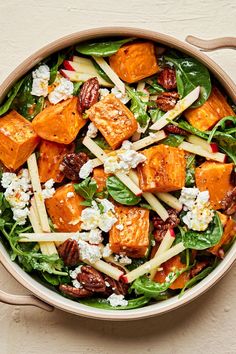 a salad in a bowl with apples, cheese and pecans