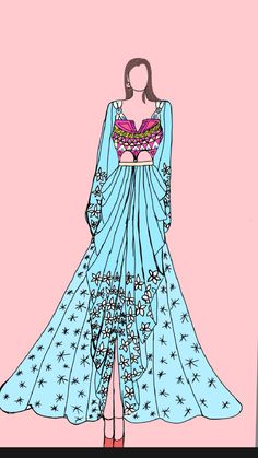 a drawing of a woman in a blue dress with stars on it's chest