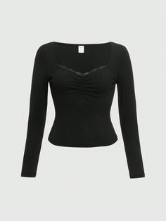 Plus Size Solid Color Lace Trim Pleated Diamond Neck Long Sleeve Casual T-Shirt Black Casual  Long Sleeve Knitted Fabric Plain  Medium Stretch  Women Plus Clothing, size features are:Bust: ,Length: ,Sleeve Length: Simple Long Sleeve Shirt, Cute Undershirts, Dr Wardrobe Ideas, Long Sleeve Shirts Aesthetic, Grunge Long Sleeve Shirt, Black Long Sleeve Outfit, Lace Shirt Outfit, Black Shirt Women, Long Sleeve Under Shirt