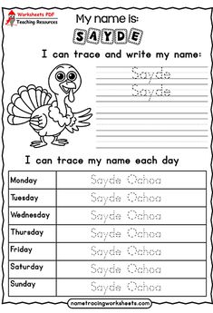 a printable thanksgiving worksheet for kids to practice writing and spelling their name