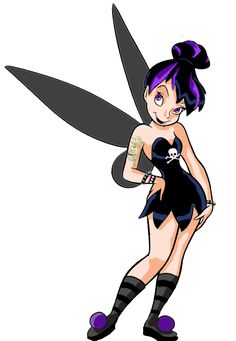 a cartoon fairy with purple hair and black stockings holding a large pair of scissors in her hand