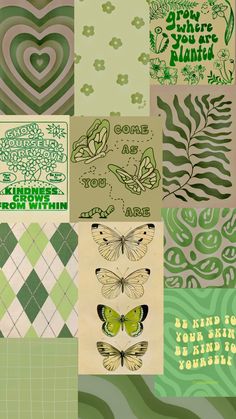 a collage of green and white designs with hearts, butterflies, and words on them