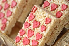 rice krispy treats with red hearts on them