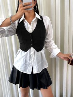 Black Casual Collar Sleeveless Fabric Plain Vest Embellished Non-Stretch  Women Clothing Waistcoat Outfit Women, Black Vest Outfit, Waistcoat Outfit, Vest Outfits For Women, Black Waistcoat, Waistcoat Woman, Costume Noir, Vest Fashion, Vest Outfits