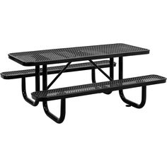 a black picnic table with two benches on each side and one bench at the end