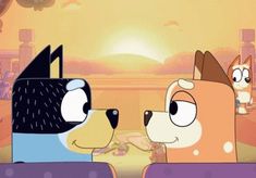 three cartoon dogs sitting on top of couches in front of a tv screen with the sun setting behind them