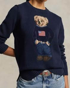 Teddy Bear Sweater, Ralph Lauren Polo Bear, Bear Sweater, Pullover Outfit, Polo Ralph Lauren Women, Linen Sweater, Americana Fashion, Polo Bear, Ralph Lauren Collection