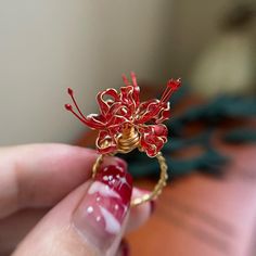 Red Spider Lily Jewelry, Red Open Flower Ring, Red Flower-shaped Ring For Wedding, Red Flower Shaped Wedding Ring, Wedding Red Flower-shaped Ring, Wedding Red Flower Shaped Ring, Red Ring Jewelry For Gift, Red Adjustable Wire Wrapped Rings, Adjustable Red Wire Wrapped Rings