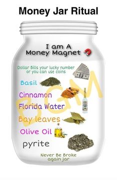 Money Oil Recipes Hoodoo, Money Magnet Oil Recipe, Money Jar Aesthetic, Money Runes, Abundance Jar, Money Jar Spell, Money Oil Recipe, Money Spell Jar, Money Candle Spell