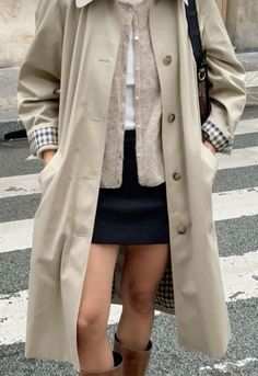 Trench Fall Outfit, Beige Pea Coat Outfit, Neutral Color Palette For Clothes, Trench Coat Outfit Inspiration, Trench Coat School Outfit, Short Sleeve Trench Coat Outfit, Riding Boots Skirt Outfit, Ralph Lauren Cardigan Outfit Aesthetic