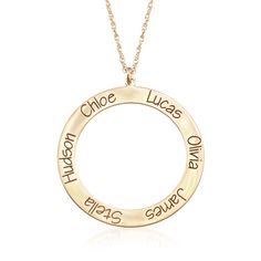 Ross-Simons - 14kt Yellow Gold Personalized Multi-Name Circle Necklace. 18". Keep those you love close with this personalized circle necklace. With space enough for up to six names, it's a beautiful way to show off your family or friends! FREE engraving of up to nine characters per name. Suspends from a rope chain with a springring clasp. 14kt yellow gold personalized multi-name circle necklace. Monogram Ring Gold, Monogram Pendant Necklace, Circle Charm Necklace, Personalized Pendant Necklace, Initial Heart Necklace, Monogram Hearts, Monogram Earrings, Monogram Pendant, Key Pendant Necklace