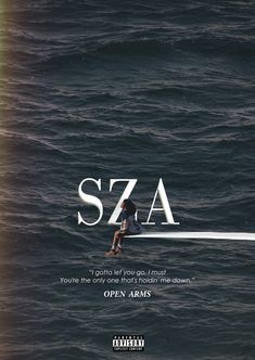 a man riding on top of a surfboard in the middle of the ocean next to an advertisement for sza