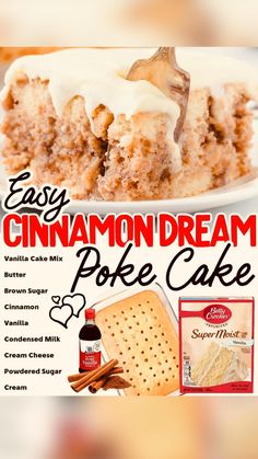 an advertisement for cinnamon roll poke cake on a plate with crackers and grahams