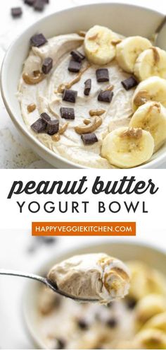 a bowl filled with peanut butter yogurt and chocolate chips