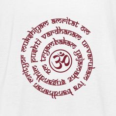 an image of the hindu symbol in red on a grey shirt with words written below it