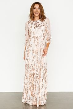 Destiny Sequin Maxi Dress | Rose Gold - Baltic Born Mother Of Bride Dresses Fall Plus Size, Mother Of The Bride Dresses Rose Gold, Mother Of The Groom Floral Dresses, Rehearsal Dinner Dress For Mother Of The Bride, Boho Mother Of The Bride Dresses, Advanced Style Boho, Champagne Background, Shower Dress For Bride, Grandmother Style