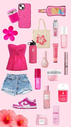 the contents of a woman's pink outfit and accessories laid out on a pink background