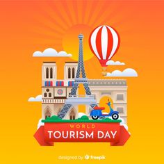 an orange background with the words world tourism day and a hot air balloon in the sky