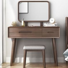 a wooden desk with a mirror and stool