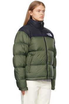 The North Face: Green 1996 Retro Nuptse Down Jacket | SSENSE Sporty Puffer Jacket With Padded Collar For Outdoor Activities, Down Puffer Parka For Outdoor Activities, Down Puffer Jacket With Pockets For Outdoor Activities, Outdoor Down Puffer Jacket With Pockets, The North Face Down Puffer Jacket For Outdoor, Functional Outdoor Parka With Padded Collar, Green Down Puffer Jacket For Streetwear, Sporty Down Puffer Jacket For Outdoor, The North Face Puffer Outerwear For Outdoor