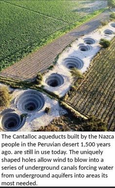 an aerial view of several holes in the ground with water running through them and surrounded by crops