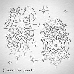 two pumpkins with witches hats and spider web on them, one is black and white