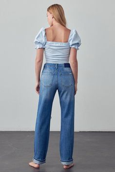 High Waist Ripped Straight Jeans- 100% Cotton - Non-Stretch Denim- High Rise- Zipper Fly Closure- Ripped, Destroyed- Pocket- Imported, Designed In USASize 3- Waist 29 1/2"- Hip 38"- Front Rise 10 1/2"- Leg Opening 15 3/4"- Inseam 32 1/2"Model wears size 3, height 5'9" Style: Casual Print / Pattern: Medium Wash Denim Silhouette: Straight Fit: High Rise, Relaxed Embellishment: Knee Distress Neck Line: N/A Sleeve: N/A Length: Long Closure: Button Closure Lining: No Fabric Contents: 100% Cotton Non- Spring Mid-rise Flare Jeans With Zipper, Medium Wash Bottoms With Zipper Closure For Fall, Fall Medium Wash Bottoms With Zipper Closure, Light Wash Distressed Pants For Fall, Light Wash Jeans With Zipper Closure For Fall, Distressed Light Wash Pants For Fall, Spring Medium Wash Flare Jeans With Zip Fly, Distressed Washed Blue Bottoms For Fall, Fall Light Wash Jeans With Zipper Closure