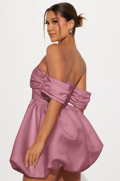 Available In Mauve. Satin Mini Dress Off shoulder Short puff sleeves Pleated bodice Bubble hem Hidden back zipper Lined non stretch Length = 33" Shell/Lining: 100% Polyester Imported | Valeria Satin Bubble Mini Dress in Mauve size Medium by Fashion Nova Mini Dress Off Shoulder, Dress Off Shoulder, Bubble Hem, Mauve Dress, Pleated Bodice, Satin Mini Dress, Puff Sleeves, Fashion Nova, Puff Sleeve