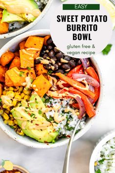 two bowls filled with sweet potato, black bean and avocado salad on top of a white table