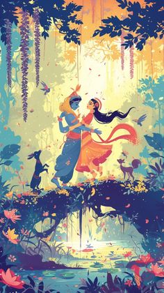 an image of a man and woman dancing in the woods with flowers on their head