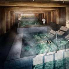 an artist's rendering of a man swimming in a hot tub with steam coming from it