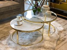 Atmacha - Home and Living Coffee Table Clear Glass / White / Gold Sydney Coffee Table | Set of 2 Store Facade, Coffee Table Set Of 2, Antique Living Room, Coffee Table Design Modern, Luxurious Furniture, Laminate Colours, Velvet Fabrics, Plain Curtains, Gold Coffee