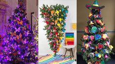 there are three different types of christmas trees in the room and one is decorated with flowers