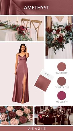 BIG NEWS! 🙌 Introducing NEW colors to the family. ⁠

⁠
✨Amethyst in Stretch Satin + Chiffon⁠
✨Martini in Stretch Satin⁠
✨English Rose in Stretch Satin⁠
✨Rose Gold in Stretch Satin⁠ Bridesmaid Dress Color Schemes, September Wedding Colors, Beautiful Color Palettes, Rose Wedding Theme, Romantic Wedding Colors, Mauve Bridesmaid Dress, Rose Gold Bridesmaid