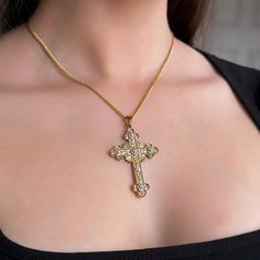 This jewelry gift for her features a big gold cross necklace pendant, making it a thoughtful Christian necklace ideal for Mother's Day, complete with a cross charm, perfect for those who appreciate meaningful accessories. 𝐃𝐄𝐓𝐀𝐈𝐋𝐒:  ⭐️ Necklace lengths available: 14" 16" 18" 20" ⭐️ Pendant size is 2" ⭐️ Material of cross pendant is gold plated and necklace chain itself is gold stainless steel. ⭐️This gold cross pendant shines beautifully as well as the detailed necklace, elegantly made as Big Gold Cross Necklace, Gold Cross Jewelry With Large Pendant, Gold Jewelry With Large Cross Pendant, Crucifix Necklace With Large Pendant As Gift, Gift Crucifix Necklace With Large Pendant, Large Crucifix Pendant Necklace As A Gift, Cross Pendant Jewelry As A Gift, Cross-shaped Jewelry With Large Pendant As Gift, Gold Cross Pendant Necklace For Gift