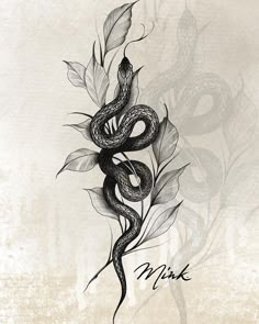 a black and white drawing of a snake with leaves on it's back, next to the word ink