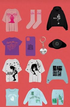 various t - shirts and other items are arranged on a pink background, including a keychain